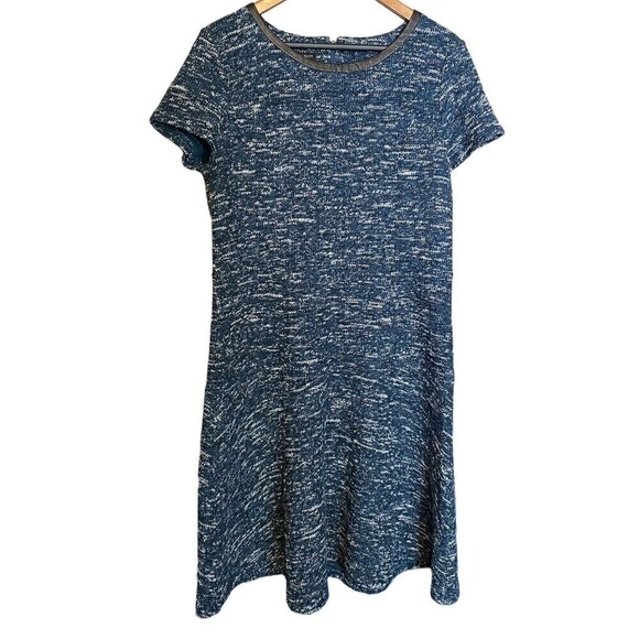 Talbots Dress Womens 14 Green Teal Marled Tweed Faux Leather Trim Fit and Flare - Picture 2 of 11